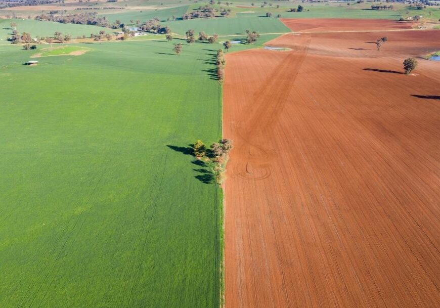 Aerial view of cultivated farmland near Cowra in the New South Wales Central West. This land can be very productive when there has been sufficient rainfall.